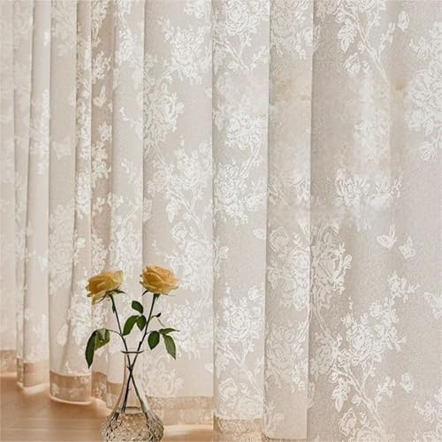 Yaland Jacquard Scheibengardine Spitze Elegante Gardine mit zarten Schmetterlings-Blumenmuster Bistrogardine mit Stangendurchzug für Wohnzimmer & Balkon 1 Stück Sand HxB 145x140cm