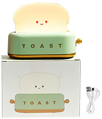 VOSSOT Toast Nachtlicht Kinder, Kawaii LED Nachtlicht mit Timer, Babyzimmer LED Nachttischlampe USB Wiederaufladbar Baby Nachtleuchte Stilllicht, Lächeln Brot Toast Nachtlampe für Teen Girl Boy (Grün)