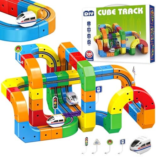 123Pcs Set Trenino Elettrico,Blocchi Magnetici & Treno Motorizzato | Track Fusion Toy, set di treni magnetici, layout 3D incorporati a cubo che sfidano la gravità, regali di compleanno per