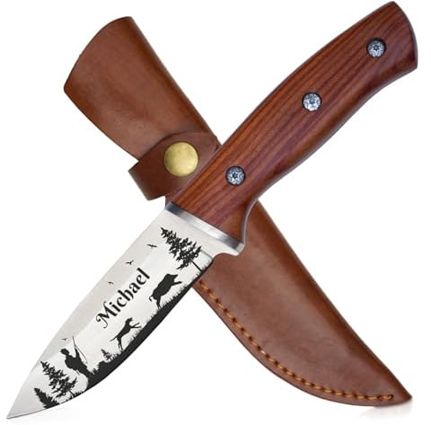 ADAM WILD Jagdmesser mit Gravur | personalisiert | Geschenke für Jäger | Wunschname graviert | rostfreier Edelstahl, Holzgriff & Lederscheide | Jagdzubehör & Geschenk zum Jagdschein