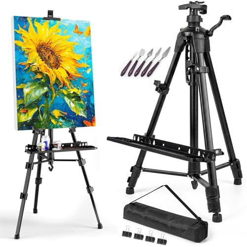 Cavalletto Pittura 50–157 cm con Manovella, Cavalletto da Studio e da Campo in Ferro, Treppiede Pieghevole Portatile con Borsa + Set 5 Spatole/Malmesser, per Acrilico Olio Acquerello