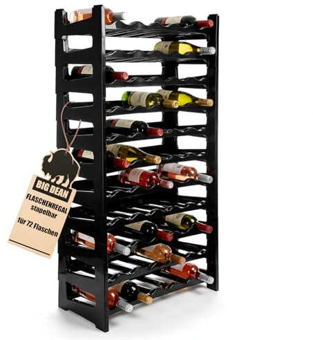BigDean Flaschenregal stapelbar für 72 Flaschen Weinregal aus Kunststoff | Farbe Schwarz, Getränkeregal Flaschen Regalsystem für Glas- & PET bis 1,5 Liter, Weinflaschenregal, Stapelregal
