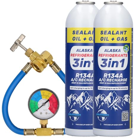 Double Kit – 3in1 Alaska Refrigerants R134a Ersatzkältemittel mit PAG 100 Öl und Dichtmittel + Schlauch & Manometer