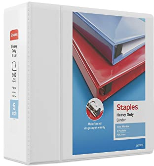 Staples Heavy-Duty 5-Inch D-Ring View Binder, White, 1,000 Sheets