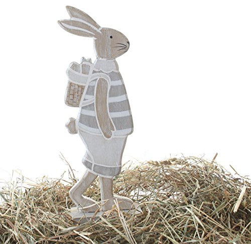 Dio dekorativer Oster-Hase Holzhase mit Osterkorb als Silhouette beidseitig bemalt ca. 8 x 4,5 x 25 cm hoch