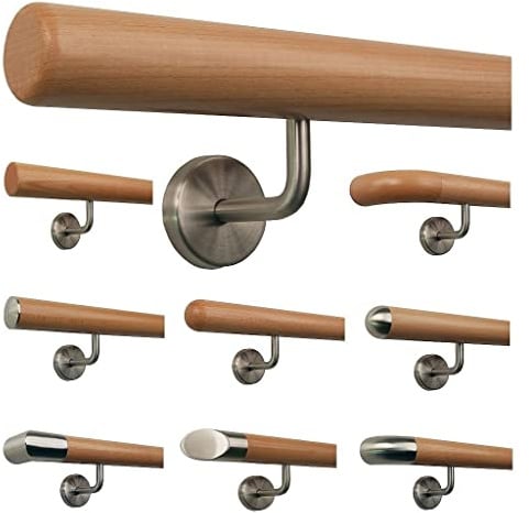 TIBU Buche Geländer Handlauf Treppe Holz Griff gew. Edelstahlhalter, Länge 30 - 500 cm aus einem Stück / Variante:460 cm mit 6 Halter Radius gefräst