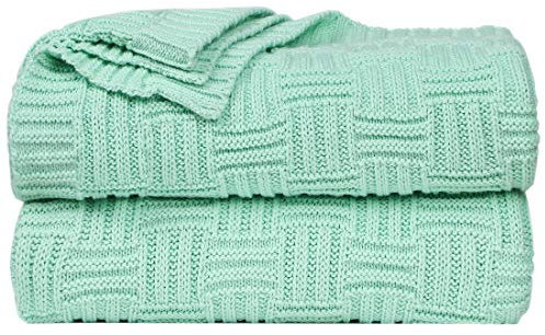 sourcing map 100% Cotton Cable Knit Throw Blanket,Soft Lightweight Lap Blanket,Textured Solid Sofa Throw Couch Cover Decors Knitted Blankets, Light Green 50x 60