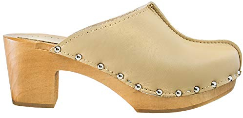 ESTRO Damen Clogs Leder Schuhe aus Holz CDL03 (Beige, 40)