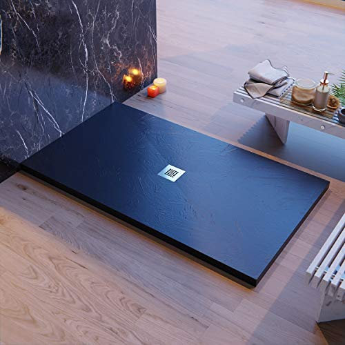 piatto doccia con scarico centrale, nero, Luxury, in Mineralmarmo, rivestimento in Gelcoat 2 mm, slim 3 cm, massa piena e tagliabile 70x110
