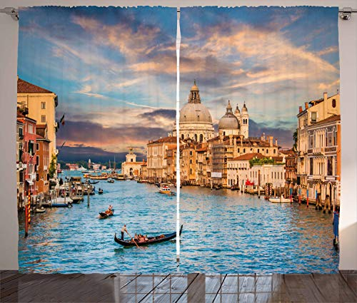 ABAKUHAUS Venedig Rustikaler Gardine, Canal Grande Italien Bild, Schlafzimmer Kräuselband Vorhang mit Schlaufen und Haken, 280 x 175 cm, Himmelblau Champagner