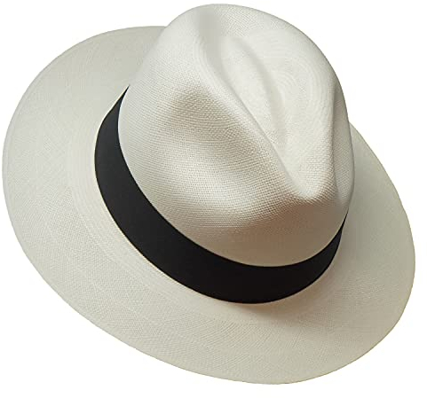 Borges & Scott Der Japura - Signatur Fedora Panama Hut - Weiß mit schwarzem Band - Rollbarer und ultraleichter echter Panama Hut - 60cm