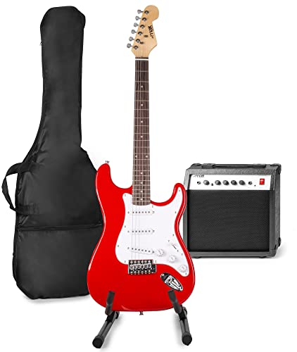 MAX GigKit kit de guitarra eléctrica, soporte de guitarra, amplificador de guitarra de 40W, afinador de guitarra, funda de guitarra, cable de instrumento, correa de guitarra y mas accesorios - Rojo