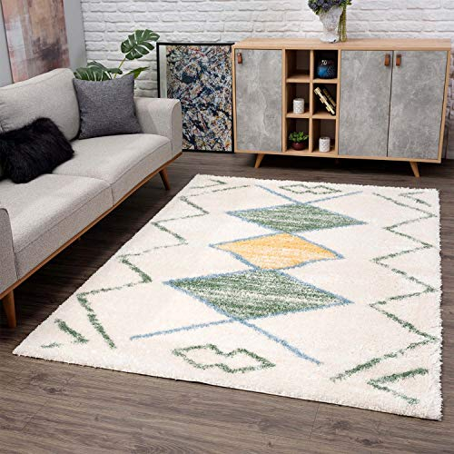 carpet city Teppich-Läufer Shaggy Hochflor - Ethno-Stil 80x300 cm Creme Grün Gelb - Moderne Teppiche Wohnzimmer