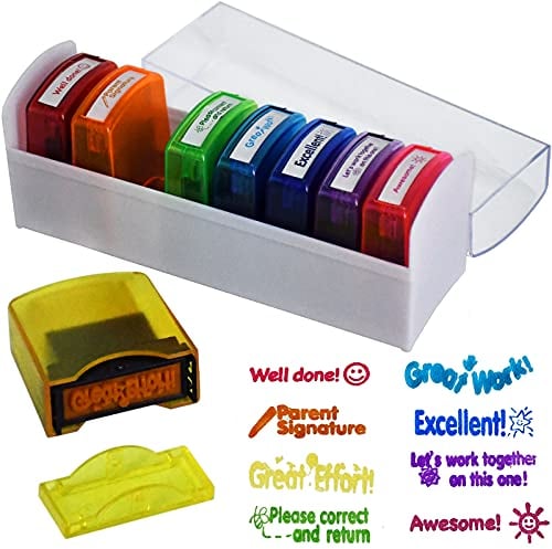 Bertiveny Stempel für Lehrer, Unterschrift der Eltern, selbstfärbend, Lehrerstempel-Set, Schulbedarf, Stempel für Hausaufgaben, Belohnung mit 8 Stück Klassenzimmer-Zubehör für Schule, Grundschule