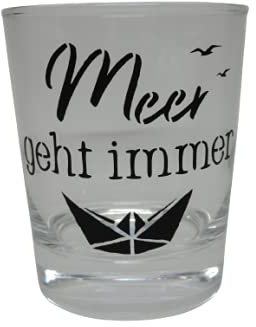 Lichtidee Maritim Teelicht Glas Windlicht Tischlicht Print mit Meer geht Immer maritim Handmade Unikat Ostern Muttertaggeschenk, Höhe 8cm,