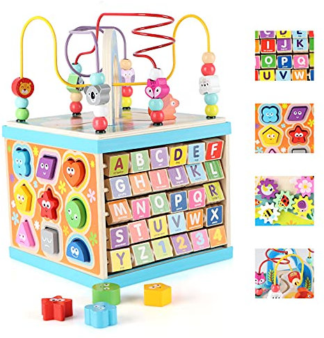 Wondertoys Wooden 5 in 1 Multipurpose ABC-123 Abacus Bead Maze Shape Sorter baby Activity Cube Toy