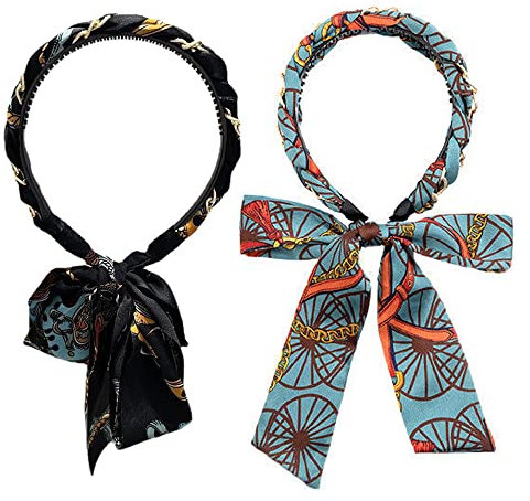 TAOZHIYAO 2 Pcs Vintage Chaîne Imprimer Long Ruban Bandeau Tressé Bandeau Banderoles Cheveux Cerceau, Rétro Court Satin Tissu Bandeau pour Femmes Filles (Noir + Bleu)