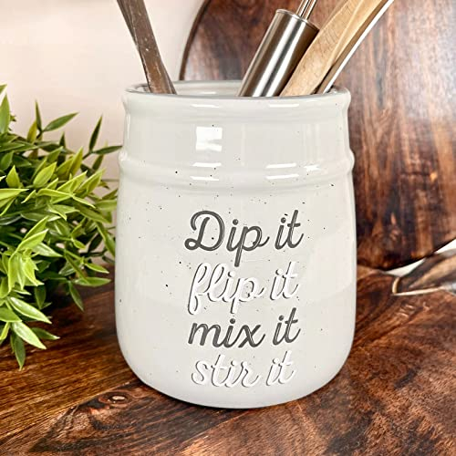 Darthome Ceramic Utensils Crock Holder Speckled Grey Kitchen Storage Organiser Pot Caddy Jar