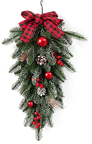 Künstliche Weihnachts-Girlande in Tropfenform, 55 cm, Büffelgitter, Tropfenform, Türgirlande, Dekoration, Weihnachtsdekoration mit Tannenzapfen, Beeren zum Aufhängen