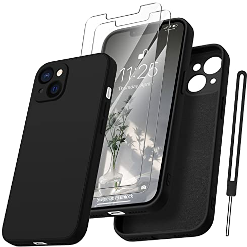 Qasyfanc Coque Protection Caméra pour iPhone 13 avec 2 Pièces Verre Trempé, Housse de Protection Silicone Antichoc Doublure Microfibre Douce Ultra Fine Coque iPhone 13 6.1 - Noir