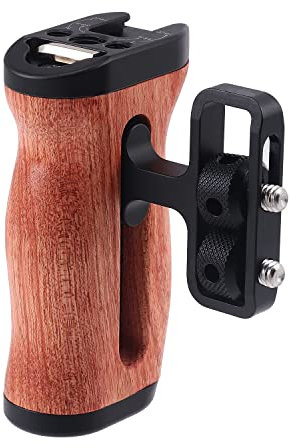 Foto4easy Universal Camera Wooden Side Handle,Adjustable Up and Down Side Handle Grip with 1/4-20 Screw Hole and Cold Shoe Mount for DSLR Camera Cage and Camnera Accessories