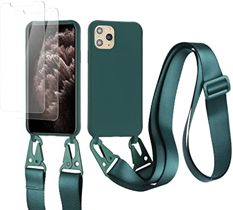 vrupin kompatibel mit iPhone 11 Pro Handykette Hülle,[2 Stück Schutzfolie 9H Härte Gehärtete Folie].Necklace Hülle Nylon Schultergurt Weich Flüssiges Silikon-Dunkelgrün