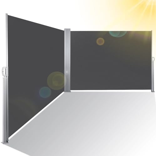 Izrielar Doppelte Seitenmarkise Ausziehbar 180x600 cm, Sichtschutz, Sonnenschutz, Blickdicht, Seitenrollo, für Balkon, Terrasse, Garten,Grau