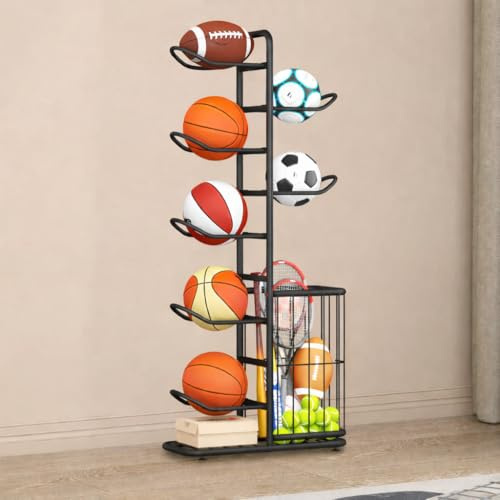 MLUPODY 7-Ball-Sportgeräte-Aufbewahrungsregal mit Ballhalter und Basketballständer, Organizer für Sportausrüstung, Ballständer – Spielzeug, Sportausrüstung und mehr organisieren, 146,1 cm, Schwarz