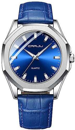CRRJU Herren Uhren Wasserdicht Armbanduhr Herren Schwarz Lederband Analog Quarz Luxus Business Männer Uhr (Blau)