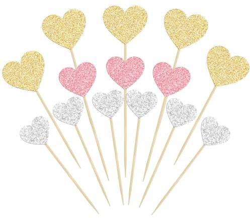 Gyufise 30Pcs Heart Cupcake Toppers Glitter Sweet Love Theme Cupcake Picks Valentine's Day Cake Decorations for Wedding Engagement Bridal Shower Birthday Party Cake Decorations Supplies