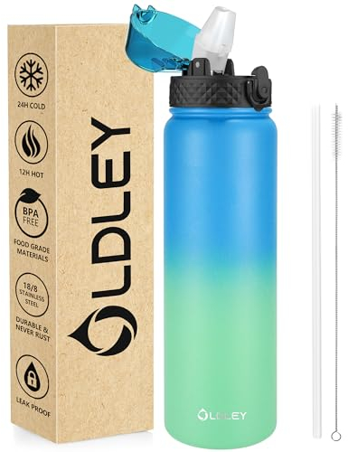 OLDLEY Botella de agua de acero inoxidable con pajilla, 1 litro, con aislamiento al vacío, botella de agua grande de metal, 1 litro, a prueba de fugas, mantiene las bebidas calientes y frías, para