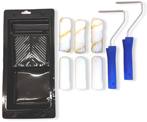 DERPOL - Set 10 pezzi rullo pittura piccolo vernice - 3 ricambi in spugna (Moltopren), 3 in Velour e 2 manici - Larghezza 10 cm - con doppia vaschetta antigocciolamento (base e coperchio confezione).
