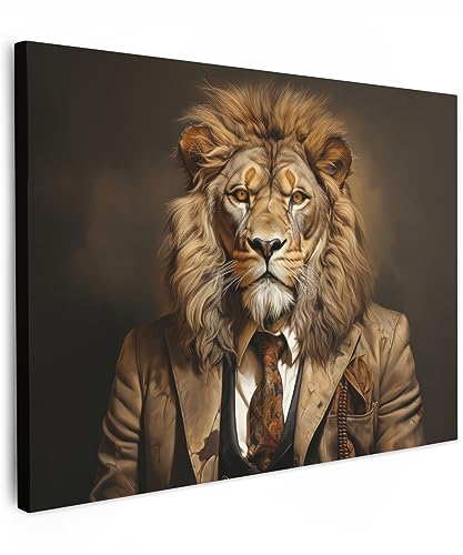 MuchoWow© Wandbilder 70x50 cm Schlafzimmer Home Deko Wohnung Bild Wohnzimmer Fotoleinwand Wand Bilder Leinwand Wall Decor Vintage - Löwe - Anzug - Tiere - Dunkel