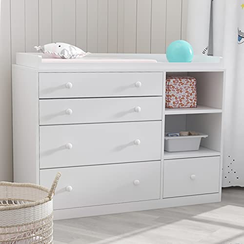 PREMTURE Cambiador para niños, cambiador con 5 cajones, cómoda para niños con 2 compartimentos, muebles para dormitorio, color blanco, 120 x 50 x 91,5 cm