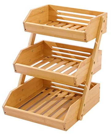 Large 3 Tier Bamboo Fruit Basket - 3 Tier Fruit and Vegetable Snack Organiser - Ideal for Kitchen Counters, Fruit Shops and Outdoor Picnics