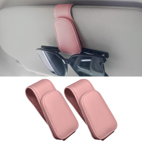 Anwlki Brillenhalt Brillenhalter für Auto Sonnenblende 2 Packungen Magnetisch Leder Sonnenbrillenhalter Auto Brillenhalterung Ticket-Karten-Clip (Rosa)