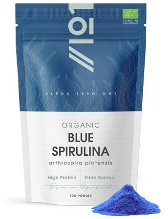 Espirulina en polvo azul orgánica, 50 g, 100 % ficocianina pura, vegana, sin gluten, sin azúcar añadida, bolsa resellable y reciclable Alpha01