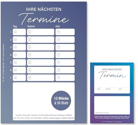 Frank Paperman® | 600 Terminzettel Praxis | 12 x Terminblock à 50 Blatt | blau | 7 Termine pro Zettel | für Ärzte, Heilpraktiker, Physio, Massage, Studios u.v.m.