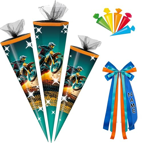 alles-meine.de GmbH Schultüte - mit 3D Glitzer - Effekt ! - BMX Motocross - Motorrad - 50-85 cm - Größe wählbar - inkl. Name + Bänder Schleife + 5 kleine Zuckertüten - Zuckertü..