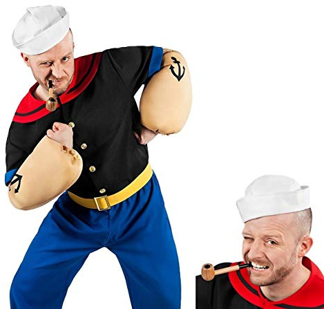 Maskworld Popeye Comic Seemann Kostüm + Pfeife komplett - 7-teilig mit Hemd, Hose, Muskel-Armen, Matrosenmütze und Pfeife (XXXL)