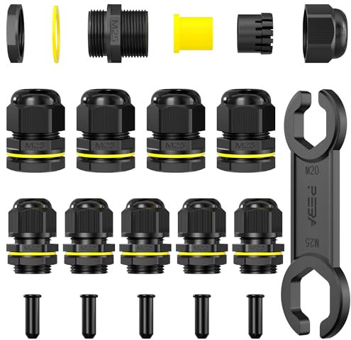 PEBA Kabelverschraubung M20 M25 x 1,5 Wasserdicht Kabeldurchführung, IP68 Kabelverschraubungen Set mit Schraubenschlüssel und Verschlussstopfen,Gummitülle Kabeldurchführung Schwarz