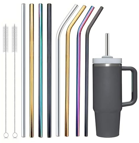Stanley 40oz Coloured Stainless Steel Straws - Eco-Friendly Set (4 Straight + 4 Bent + 2 Brushes) Perfect for Smoothies, Milkshakes, Cocktails