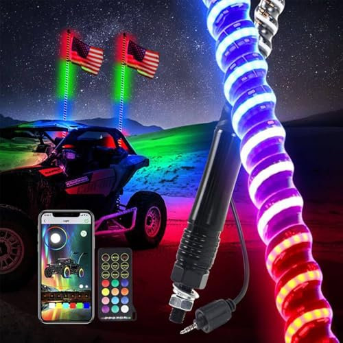 Somsiwey Lot de 2 fouets Lumineux de 0,9 m, Application et télécommande, lumières LED en Spirale colorées, fouets d'antenne éclairés pour Lampe à mât de Drapeau ATV Polaris RZR