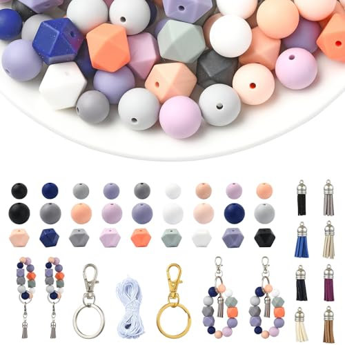 UR URLIFEHALL Lot de 100 perles rondes hexagonales en silicone avec pampille, fermoirs mousquetons, porte-clés, cordon élastique pour bricolage, bijoux, artisanat, porte-clés