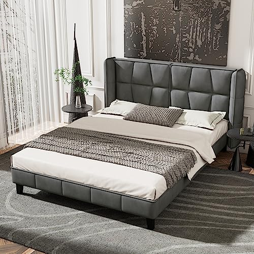 Aoskem Polsterbett 140x200 cm Doppelbett Mit Kopfteil, Bettgestell Mit Lattenrost Aus Holz, Rückenlehne Flachbett Jugendbett Gästebett, Ohne Matratze, Samt Grau