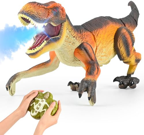Jouet Dinosaure télécommandé pour Enfants, 2.4GHz Dinosaures Telecommandé avec Pulvérisation, LED Lumineux,Marchent et Rugissent,Cadeau de Dinosaure RC pour Garçons et Filles de 4 -13 Ans (marron)