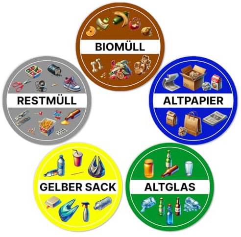 Major and More Aufkleber Mülltonne Mülltrennung 9 cm 5 Stück Glas, Bio, Restmüll, Plastik, Papier Sticker
