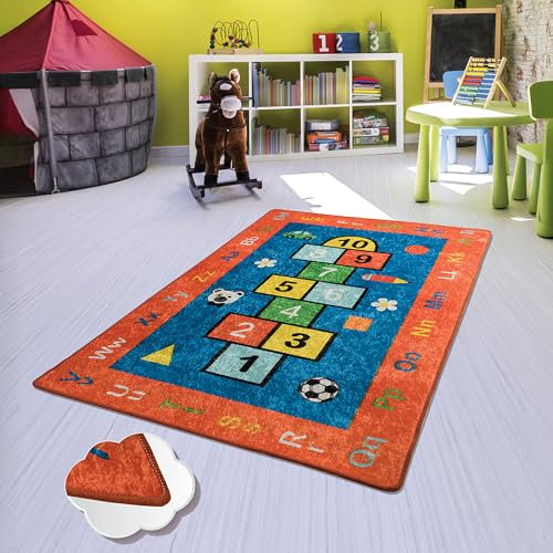 Bosdela Kinderteppich und Babyteppich Vielfältige Designvariationen 100x160 cm Rot Hüpfboxen – Himmel und Hölle rutschfest hypoallergen & idealer Teppich für Babyzimmer Spielzimmer & Krabbelbereiche
