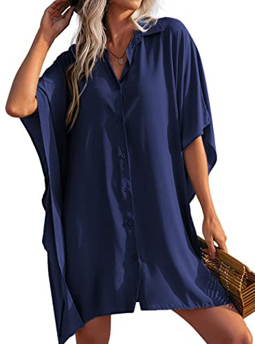 AI'MAGE Women Swimsuit Cover Up 3/4 Sleeve Beachwear Bikini Coverups Button Down Oversized Cover Up Shirt Navy Blue XXL
