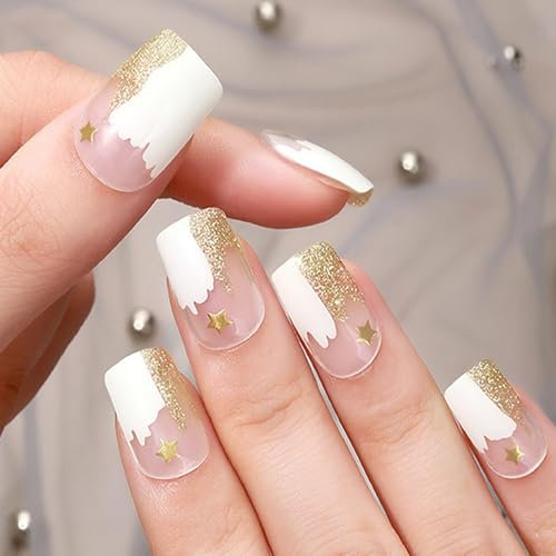 YANZEFEI Semi Cured Gel Nail Strips, 16pcs, White & Yellow Star Glitter, UV Light Required